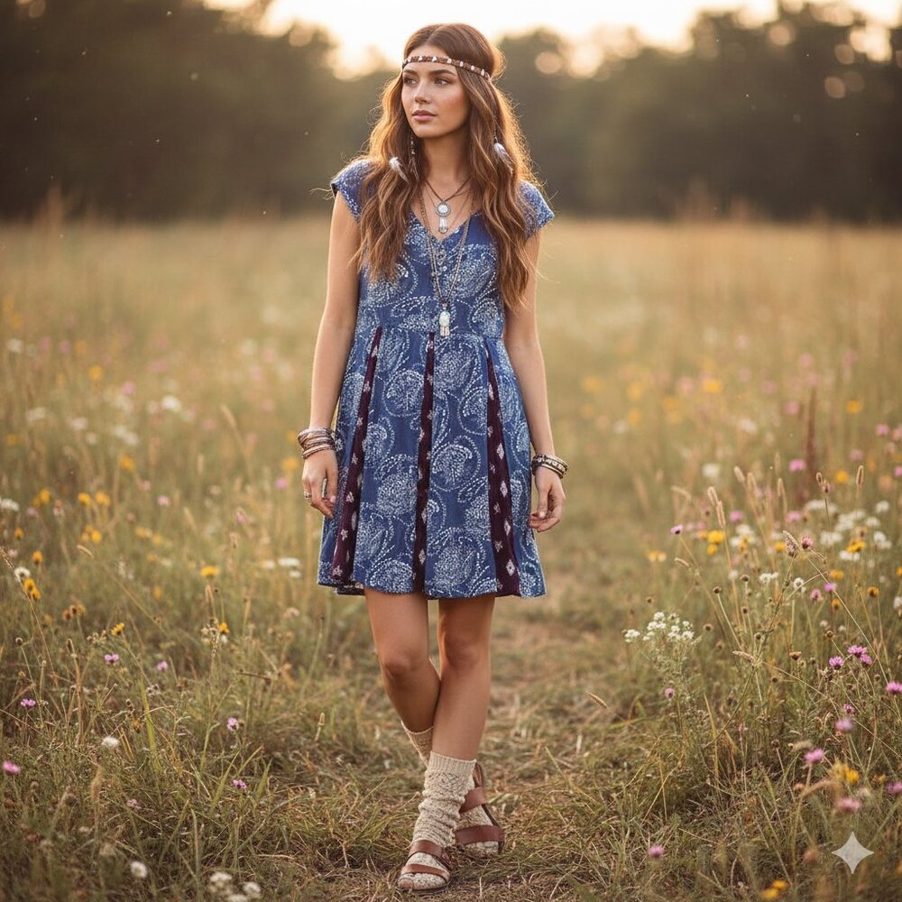 Aina Be Patchwork Short Sleeve Mini Dress Medium Flowy Boho Hippie Cottage